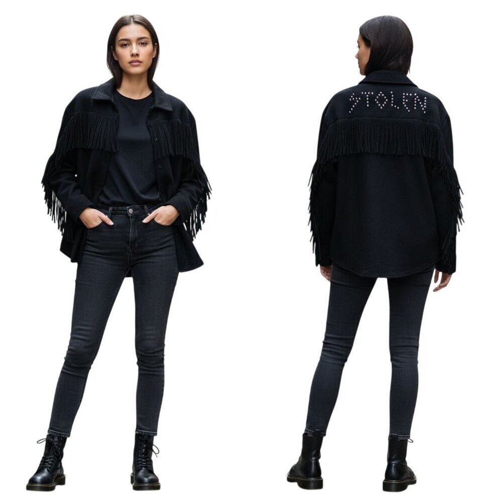 Stolen Girlfriend Club Fringe Studded Black Wool Blend Oversized  Jacket Size XS
